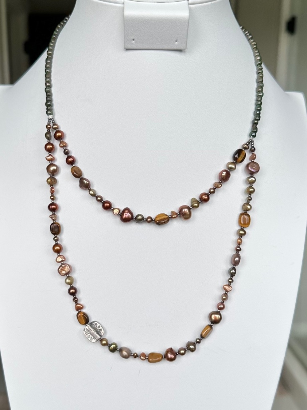 NWT Peyote Bird Free Spirit 2-Strand Pearl Tiger’s Eye Layered Necklace 16"